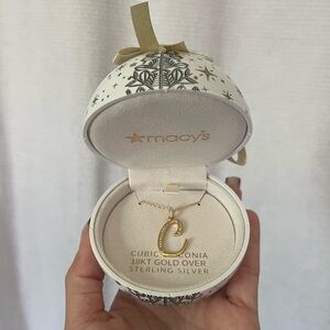 Macy’s Christmas Ornament hanging globe “C” initial necklace